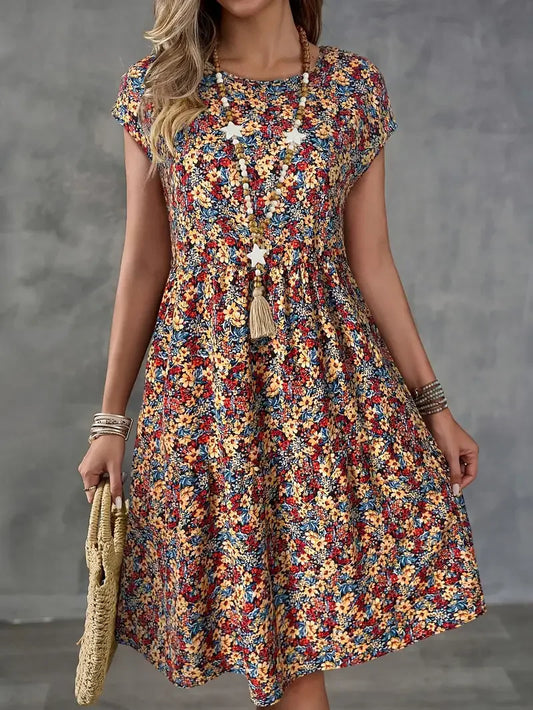 Women's Summer Floral Print Short-Sleeved Round Neck Dress, Casual Loose Vacation Style Dress
