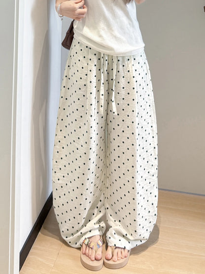 Linen Polka Dot Wide-Leg Pants for Women's Summer, Thin High-Waisted Loose and Laid-Back Style Yamamoto Pants, Casual Straight-L