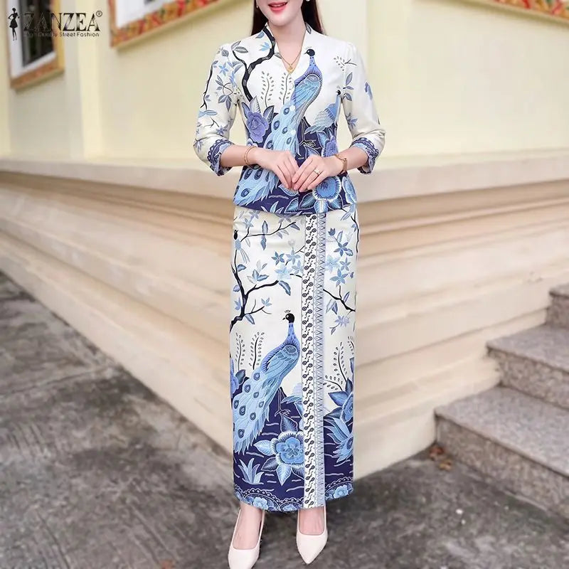 Women Bohemian Dress Sets ZANZEA Stylish Printed Outfits Elegant V Neck 3/4 Sleeve Blouse Maxi Skirt Suit Holiday 2 Pieces Sets