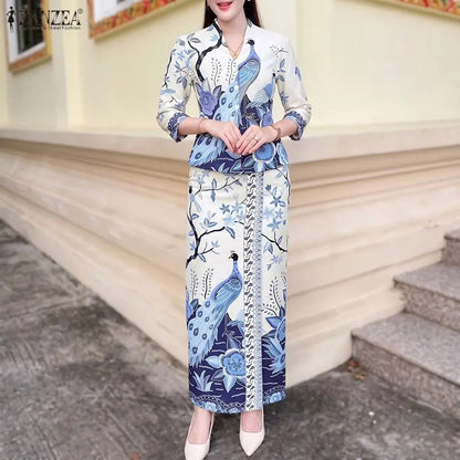 Women Bohemian Dress Sets ZANZEA Stylish Printed Outfits Elegant V Neck 3/4 Sleeve Blouse Maxi Skirt Suit Holiday 2 Pieces Sets