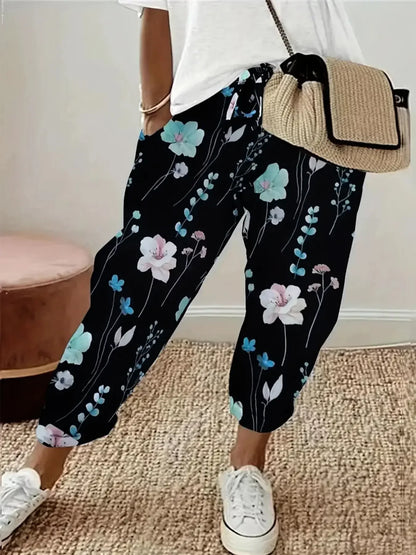 Plus Size 1XL-5XL  Women's Fashion Floral Print Straight Elastic Drawstring Pocket Pants Ladise Casual Versatile Pants