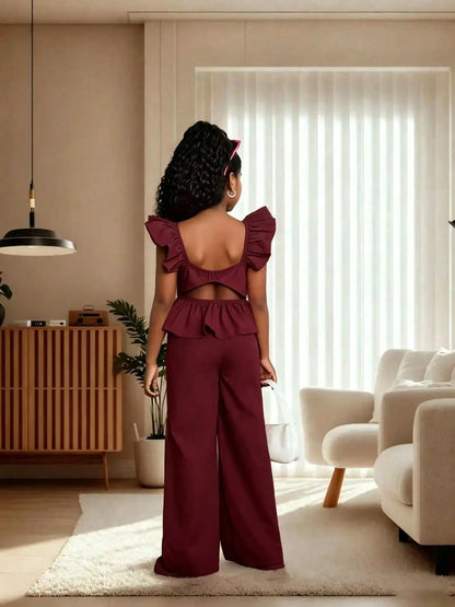Girls' Peplum Wide Leg Jumpsuit, Casual Slim-Fit, Square Neck, All-In-One Design, Comfortable for Daily Wear & Weekend Trips
