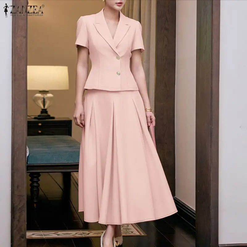 ZANZEA Women Summer 2 Piece Sets Elegant Short Sleeve Lapel Neck Blouse Dress Sets Solid A Line OL Work Skirt Suit Office Outfit