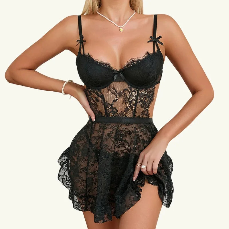 Tornova Erotic Sleeping Skirt Women's Underwire Push-up Apron Flirty Sexy Underwear See-through Pure Desire Intimate Pajamas Set