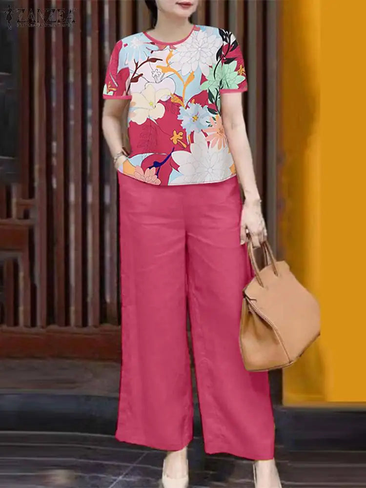 ZANZEA Elegant Casual Pant Sets Women Floral Print Short Sleeve Blouse Wide Leg Trouser Holiday 2pcs Outfits Summer 2-Piece Sets