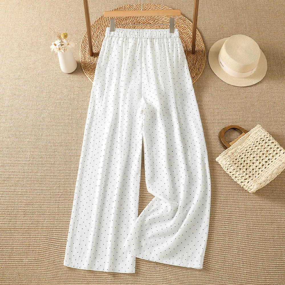 Summer New Vintage Small Polka Dot Loose Casual Wide Leg Pants Drawstring Waist Elastic Cotton Ladies Trousers