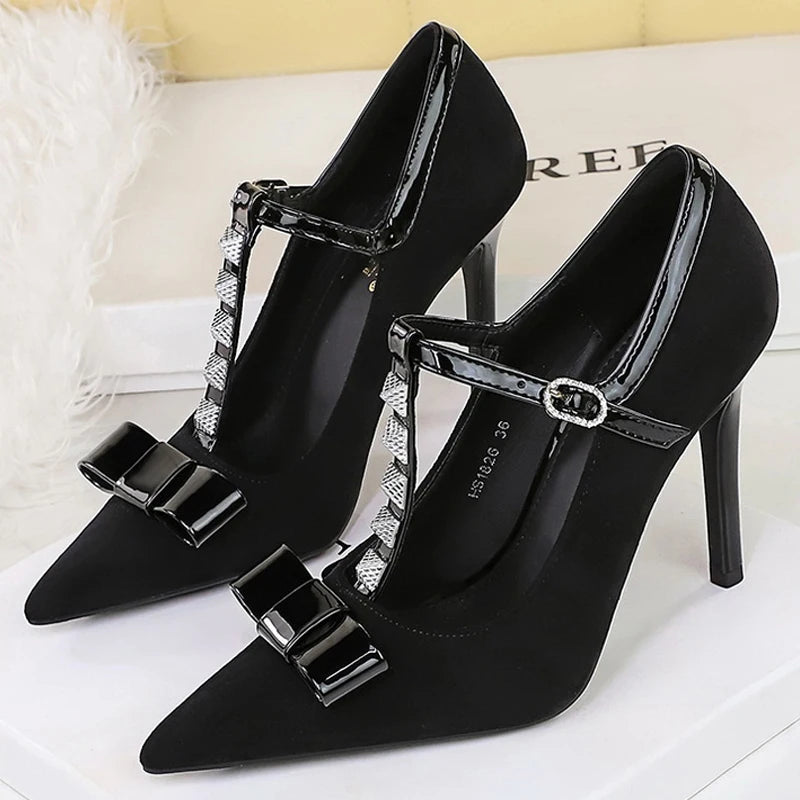 BIGTREE Shoes Rivet Women Pumps T-shaped Buckle High Heels Bowknot Stiletto Suede Women Pumps Buckle Sexy Party Shoes Women Heel