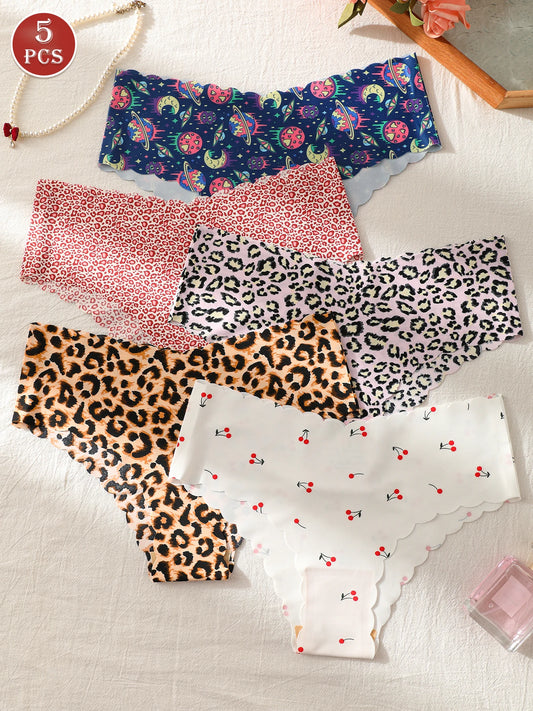 5-Piece Set of Women's Seamless Invisible Triangle Panties, Fully Printed Design, Comfortable and Stretchy Women's Underwear