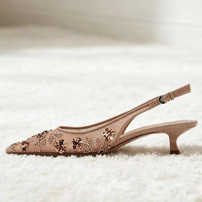 Luxury Bling String Bead Detail Mid Heel Women Pumps Pointed Toe Mesh Slingback Heeled Sandals for Ladies Elegant Women Shoes