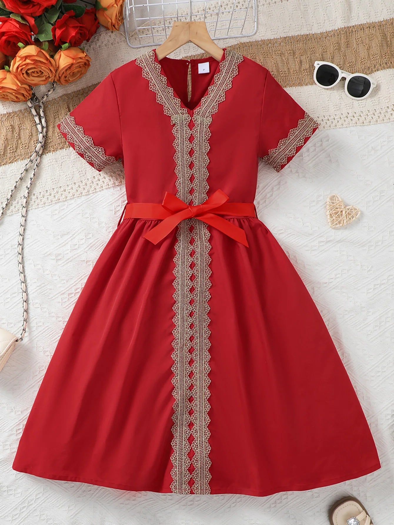 Middle East Girls Summer Floral Lace Short Sleeve Dress with Belt Casual Daily Wear Red Ethnic Style Children's Clothing