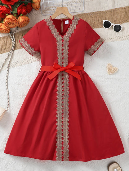 Middle East Girls Summer Floral Lace Short Sleeve Dress with Belt Casual Daily Wear Red Ethnic Style Children's Clothing