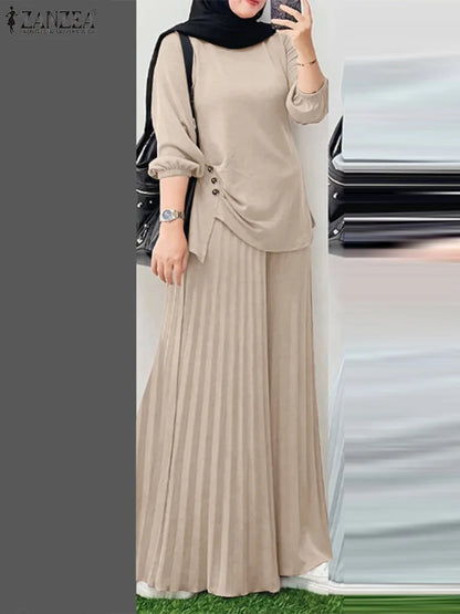 Ramadan Outfits 2026 ZANZEA Women Spring Matching Sets Trousers Suit Muslim Tracksuit Casual Long Sleeve Tops Pants Oversize