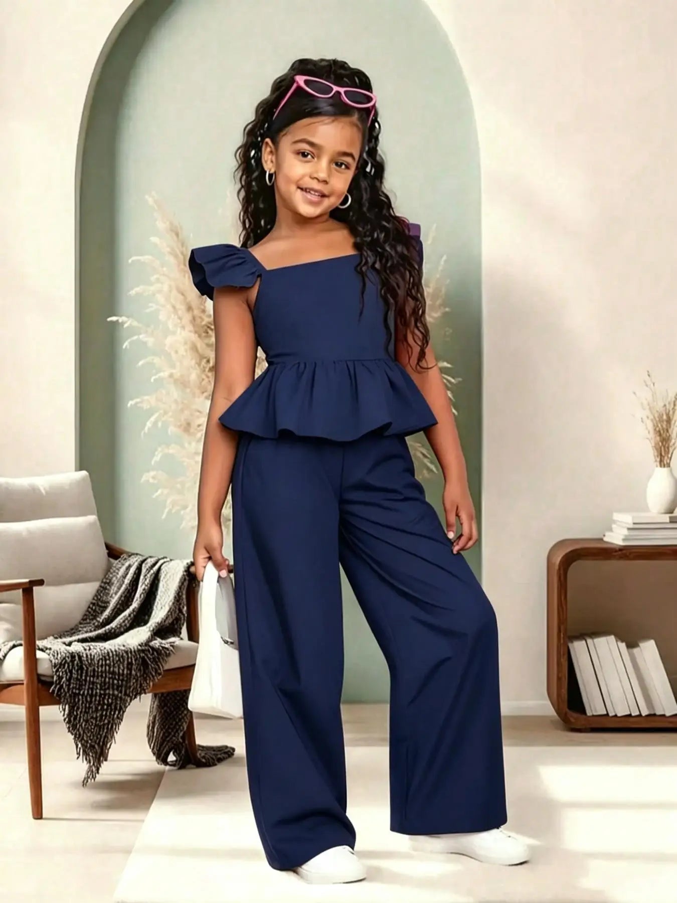 Girls' Peplum Wide Leg Jumpsuit, Casual Slim-Fit, Square Neck, All-In-One Design, Comfortable for Daily Wear & Weekend Trips