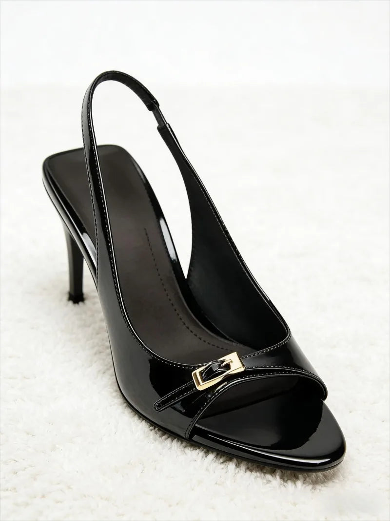 Metal Buckle Belt Peep Toe Heeled Sandals Women Sexy Patent Leather Back Strap Thin High Heels Elegant Dress Gladiator Sandalias