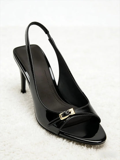 Metal Buckle Belt Peep Toe Heeled Sandals Women Sexy Patent Leather Back Strap Thin High Heels Elegant Dress Gladiator Sandalias