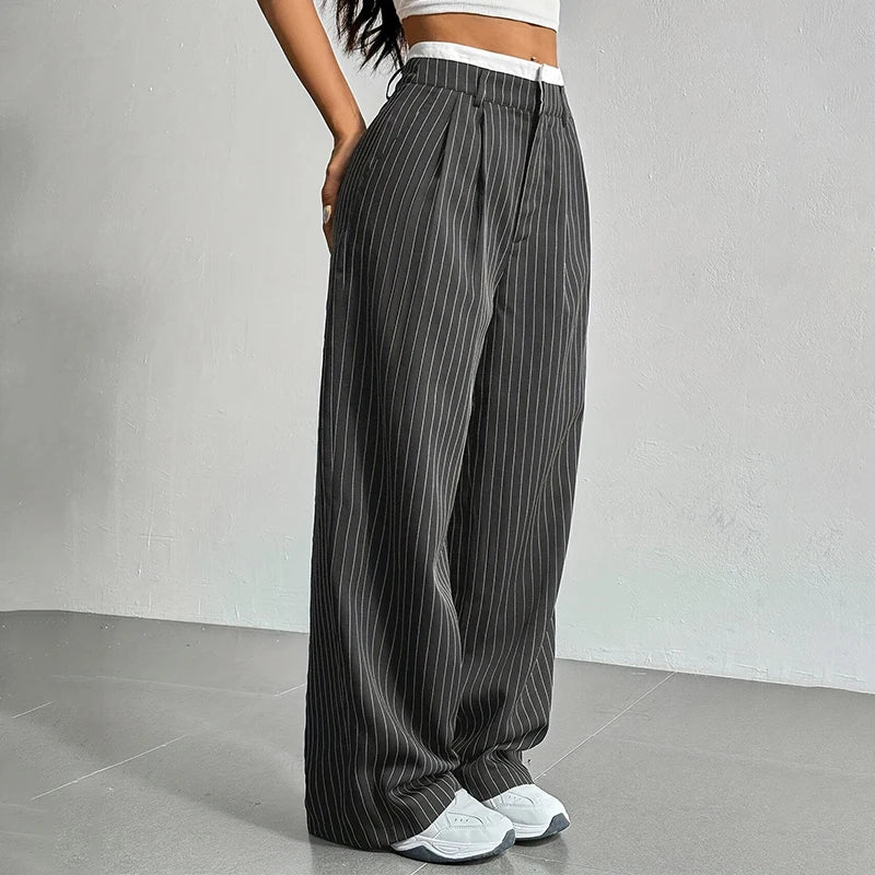 High Waist Stripe Printed Spliced Suit Trousers Women Casual Loose Straight Wide Pants Simple All-Match Draped Full Length Pants