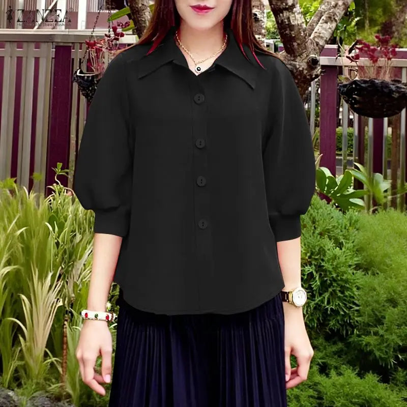 ZANZEA Woman Summer 3/4 Lantern Sleeves Shirts Turn-Down Collar Button Up Tops Casual Daily Wear Solid Color Chemises Femme