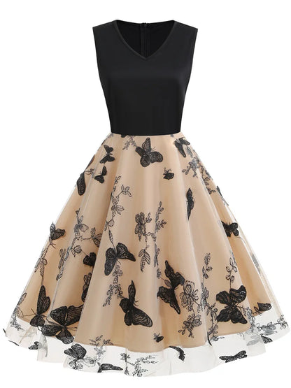 Tonval Black Patchwork Butterfly and Floral Embroidered Mesh Elegant Dresses Women Sleeveless Vintage Style Midi Dress