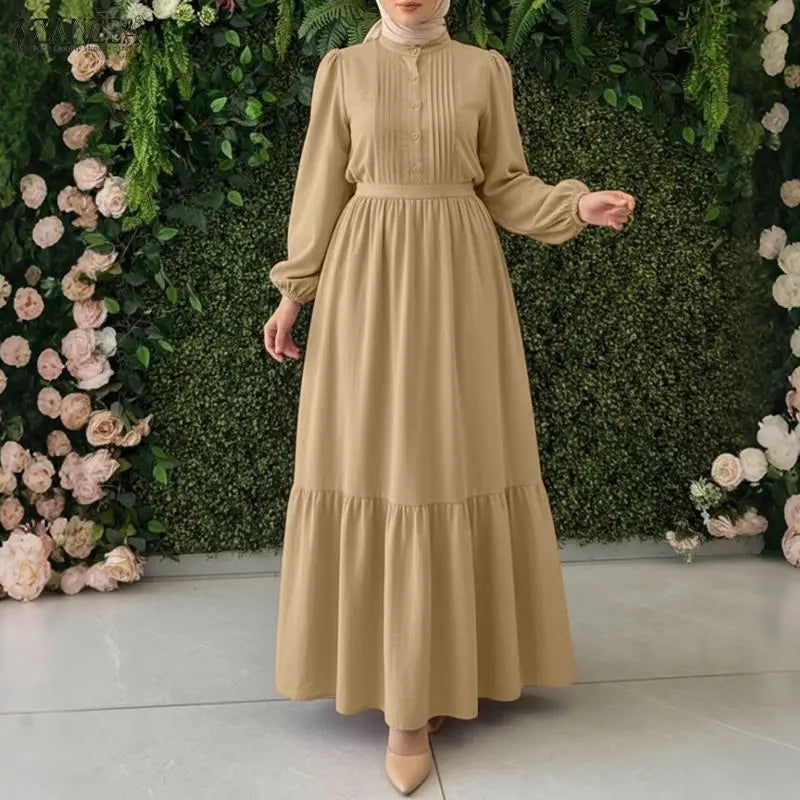 2026 Fashion Muslim Abaya ZANZEA Spring Maxi Long Dress Women Elegant Long Sleeve Pleated Sundress IsIamic Robe Ramadan Kaftan
