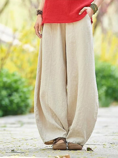 2024 Cotton Linen Bloomers Wide Leg Pants Women Vintage Full Length Fashion Elegent Pants Solid Elasitic Waist Spring Autumn 5XL