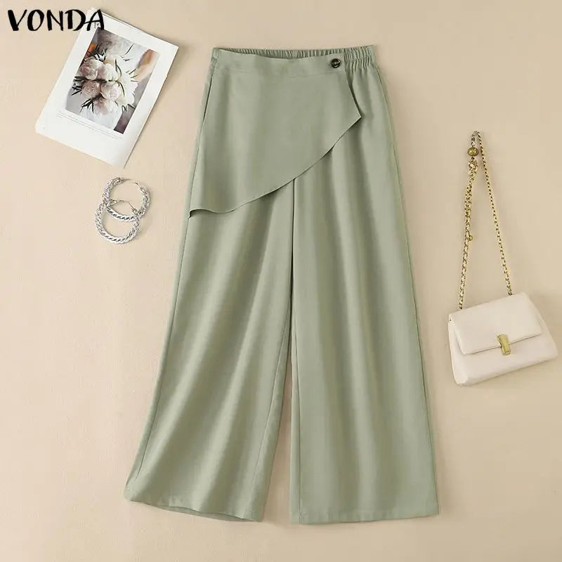 VONDA Streetwear Women Wide Leg Pants Asymmetrical Elastic Waist Trousers Casual Summer Holiday Solid Plus Size Pants Oversize