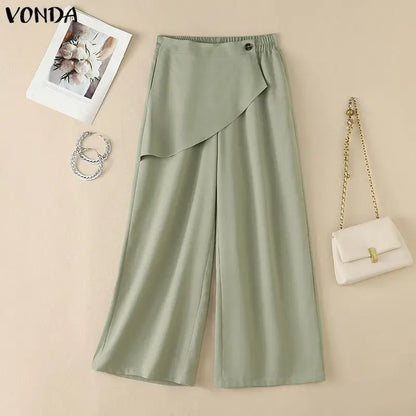 VONDA Streetwear Women Wide Leg Pants Asymmetrical Elastic Waist Trousers Casual Summer Holiday Solid Plus Size Pants Oversize