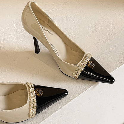 BIGTREE Shoes Women Pumps Metal Chain Design High Heels Color Blocking Ladies Shoes Luxury Banquet Shoes Stiletto Heels 10 CM