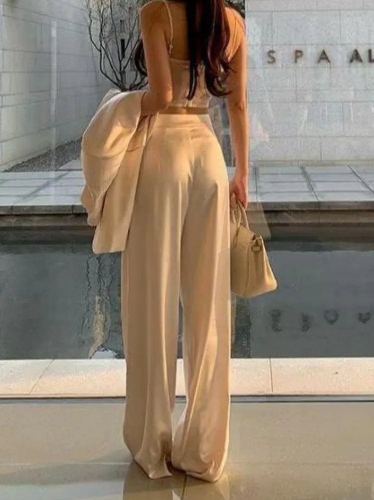 New Satin Wide Leg Pants for Women Summer High Waist Fashion Loose Casual Pants Simple All-match Straight Long Trousers 2026