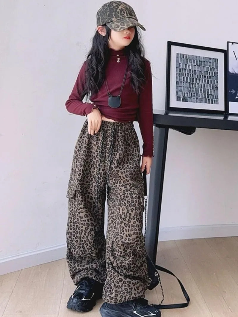 Girls' Leopard Print Cargo Pants 2026 Spring Autumn Street Dance Loose Wide Leg Pants for Kids 5-12 Years
