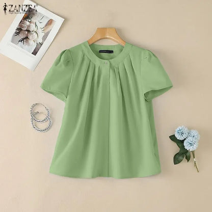 ZANZEA Women Summer Blouse Fashion Short Sleeve Tunic Tops Pleated Casual Office O-Neck Tee Streetwear Blusas Oversize Tunic