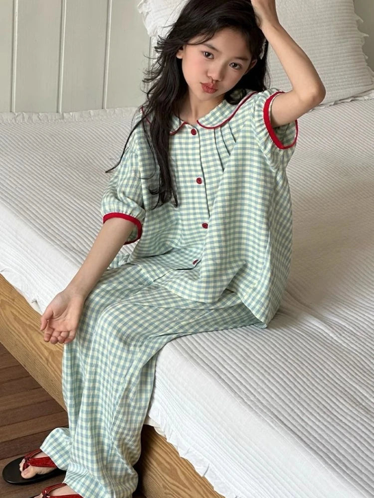 Girls Summer Ice Silk Short Sleeve Loungewear Set with Doll Collar for Home Outdoor and Air Conditioning Wear
