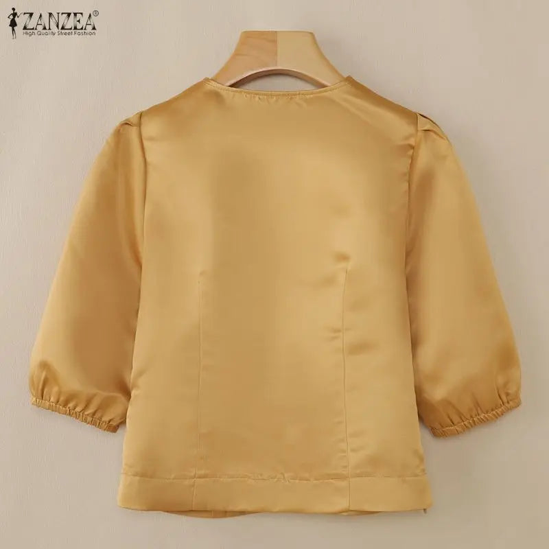 ZANZEA Women's Elegant Satin Short Blouses Summer 3/4 Lantern Sleeves V-Neck Tops Sophisticated Solid Color Blusas de Mujer