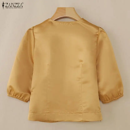 ZANZEA Women's Elegant Satin Short Blouses Summer 3/4 Lantern Sleeves V-Neck Tops Sophisticated Solid Color Blusas de Mujer