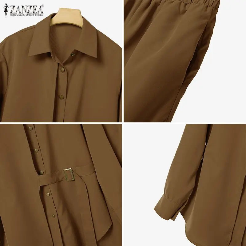 Modest Pant Suits for Hijabs Women Fashion Sashes Long Sleeve Shirts and Elastic Waist Pants 2 Piece Muslim Sets Islamic Outfits