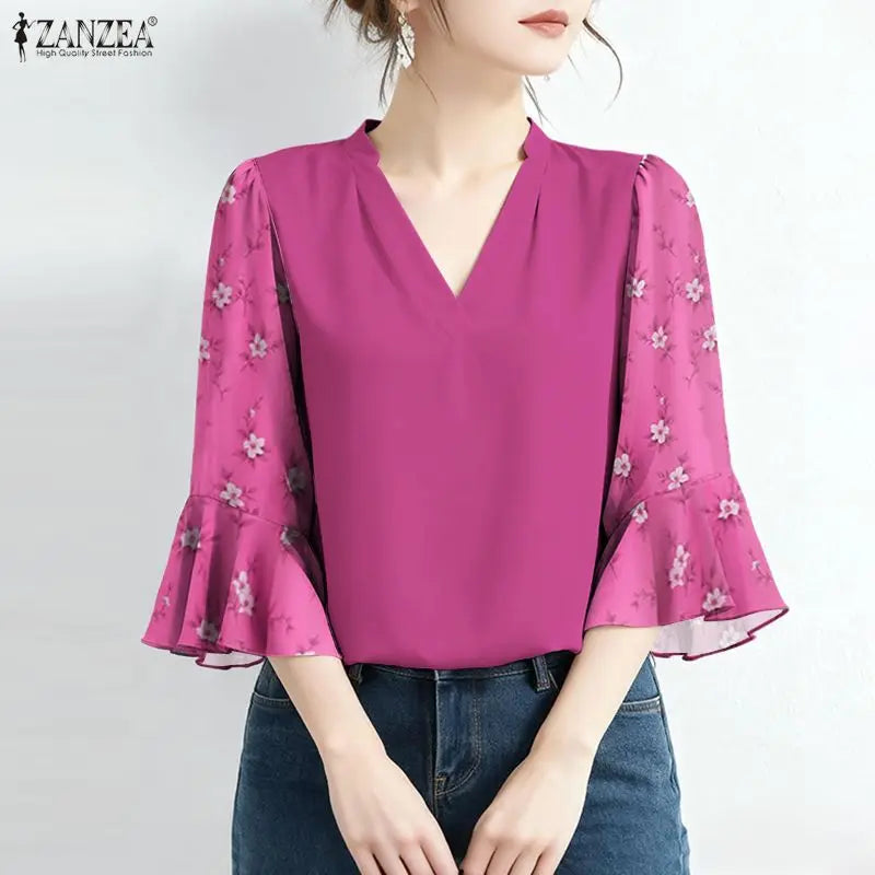ZANZEA 2026 Elegant Women's Blouses V-Neck Floral Printed 3/4 Sleeve Loose Tops Spring Summer Casual and Day Woman Clothes 3XL