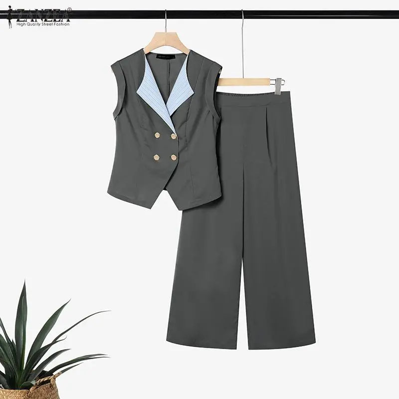 2026 ZANZEA Summer Lapel Neck Sleeveless Tanks Tops Trousers Suit Women 2 Piece Sets Elegant OL Work Pants Sets Patchwork Outfit