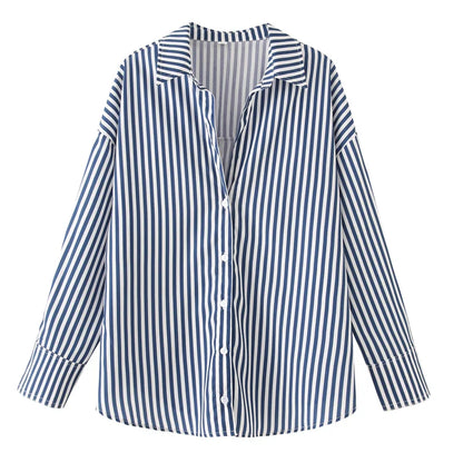 HXAO 2025 Woman Blouses Long Stripe Shirts Women Spring Summer Long Sleeve Blue White Shirt Woman Large Tops Button Up Shirts