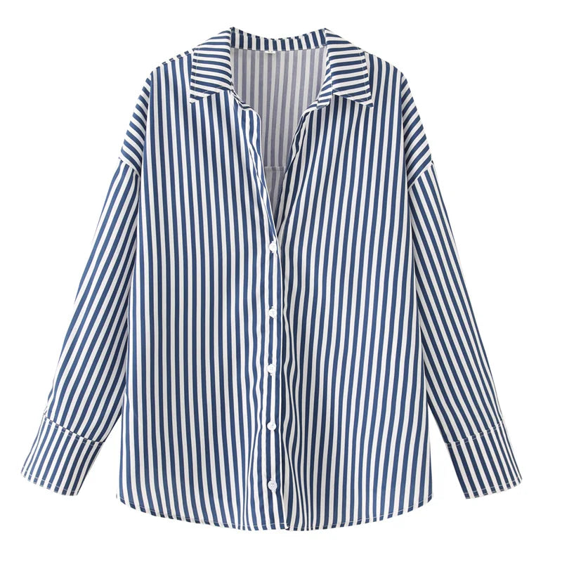 HXAO 2025 Woman Blouses Long Stripe Shirts Women Spring Summer Long Sleeve Blue White Shirt Woman Large Tops Button Up Shirts