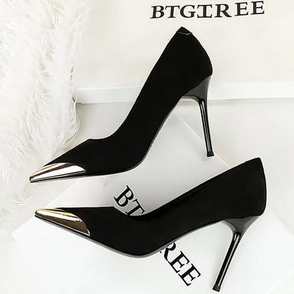 BIGTREE Shoes Leopard Women Pumps Stilettos Heels 9.5 cm Suede High Heels Metal Pointed Tip Women Heels Sexy Party Shoes ﻿Femal