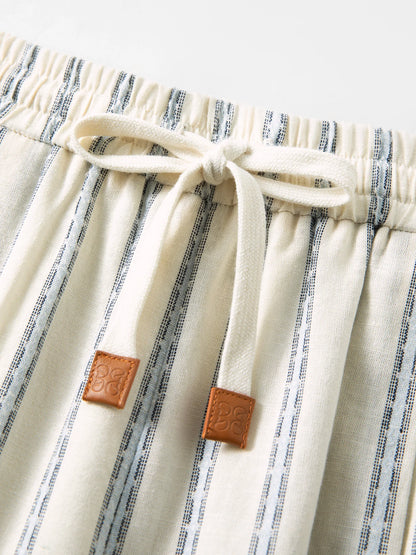 DUSHU 2026 Summer Women Striped Linen Cotton Straight Leg Elastic High Waist Breathable Casual Trousers Boho Beach Coastal Style