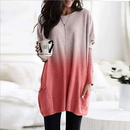Women's Casual Long Sleeve T-Shirt with Pocket Gradient Color T-Shirt for Autumn And Winter Fashionable And Comfortable