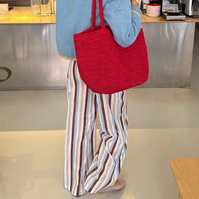 Linad Vintage Loose Stripe Drawstring Trousers Street Chic Long Pants For Woman 2026 Casual Print Wide Leg Pants With Pockets