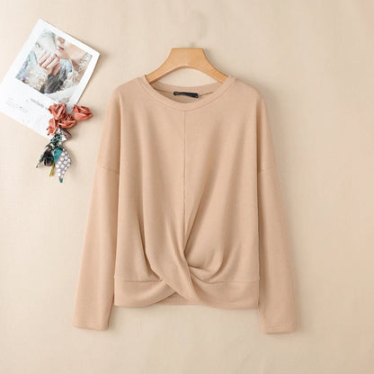 ZANZEA Women Autumn Waffle Knit Long Sleeve T-Shirts Crew Neck Twisted Knot Hem Pullover Tops Casual Loose Solid Woman Clothes