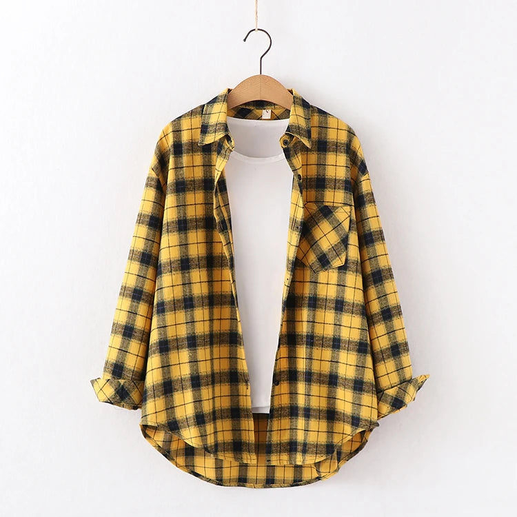 Fresh Flannel Plaid Shirt Women 2026 New Female Blouses and Tops Cotton Loose Long Sleeve Casual Shirts Fine Women's Clothes