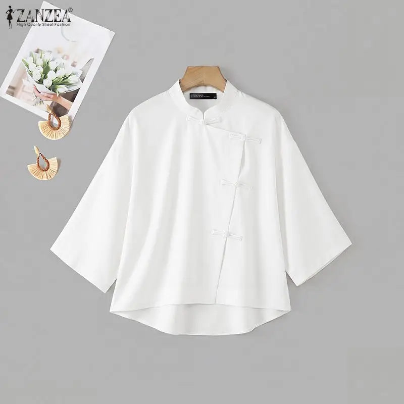 ZANZEA Plus Size 5XL Woman Vintage Shirts Mandarin Collar Frog Buttons High-Low Blouse Chinese Style Casual Solid Daily Wear Top