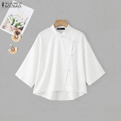 ZANZEA Plus Size 5XL Woman Vintage Shirts Mandarin Collar Frog Buttons High-Low Blouse Chinese Style Casual Solid Daily Wear Top