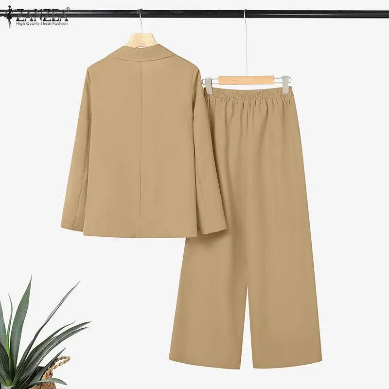 ZANZEA Women's Elegant Pant Suits Office Wear Long Sleeve Blazer and Wide Leg Pants 2 Piece Sets Woman Casual Lightweight Outfit