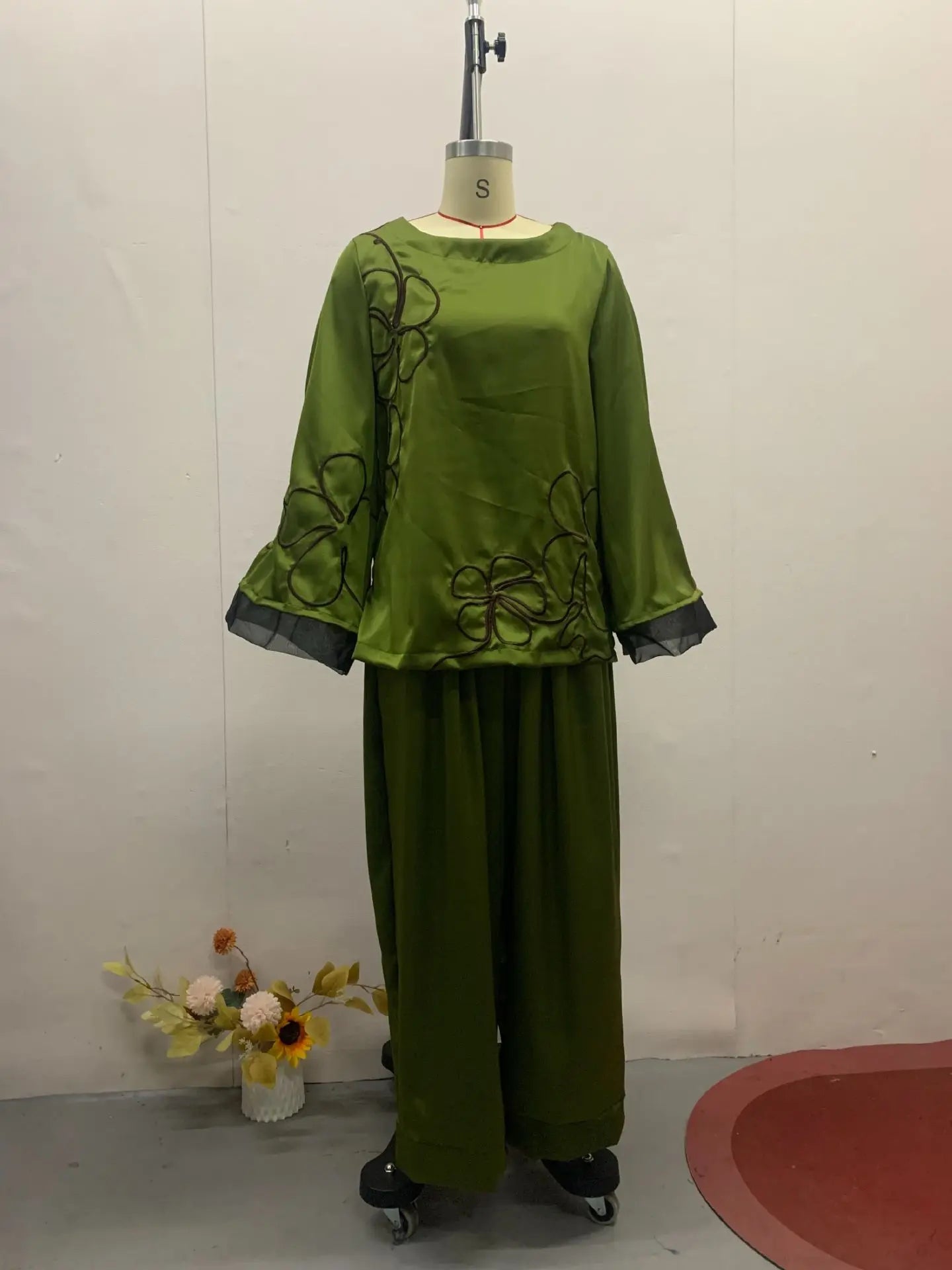 Muslim Sets Women Top Blouse Wide Leg Pants Suit Flower Outfits Modest Morocco Ramadan Dubai Islam Trousers Ensemble 2025