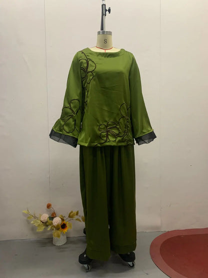 Muslim Sets Women Top Blouse Wide Leg Pants Suit Flower Outfits Modest Morocco Ramadan Dubai Islam Trousers Ensemble 2025