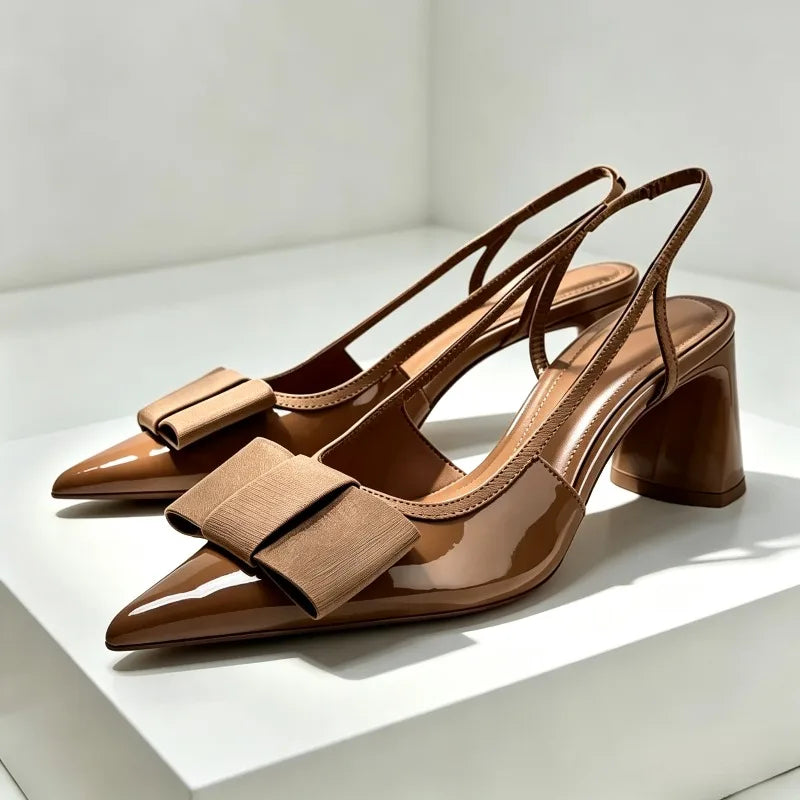 Luxury Designer Chunky Heel Women Pumps Sexy Pointed Toe Patent Leather Heeled Sandals Elegant Bow Decoration Heels for Ladies